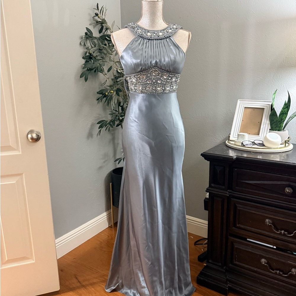 Silver Embellished Halter Prom Gown